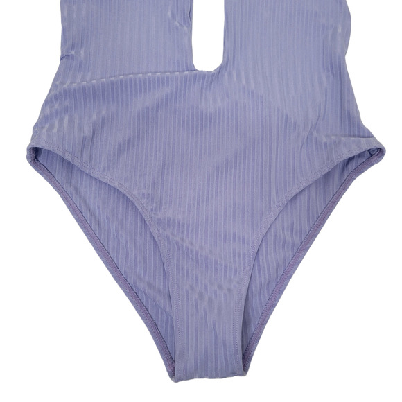 NWT Zaful Deep V Ribbed Swimsuit Sexy One Piece Lilac Pastel Medium Open Back - Picture 4 of 10